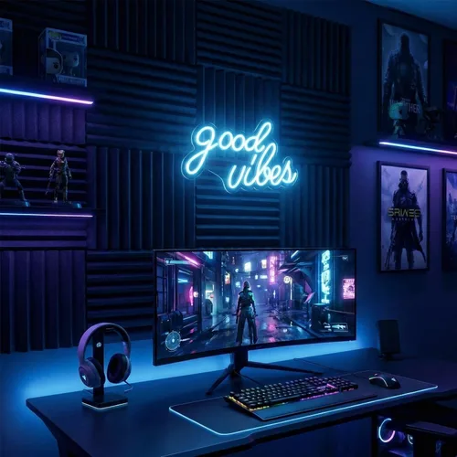 Miniatura 2 de DECANIT Letrero de neón Good Vibes azul hielo, luz LED genial para decoración de pared, sala de juegos, cueva de hombre, bar, configuración