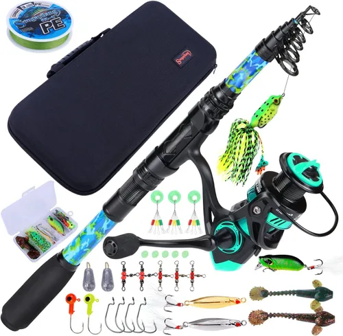 Sougayilang Combos de caña de pescar y carrete con caña de pescar telescópica, carretes giratorios, bolsa de transporte de pesca para viajes, agua