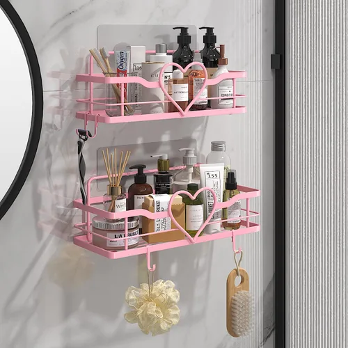 Miniatura 2 de Organizador de ducha rosa con 4 ganchos extraíbles, 2 paquetes de estantes de ducha Sweet Heart, estante organizador adhesivo sin perforaciones