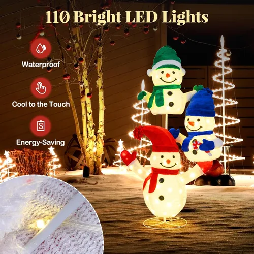 Miniatura 6 de Tangkula Muñeco de nieve de 5 pies iluminado para Navidad, decoración de 3 muñecos de nieve apilados, muñeco de nieve 3D iluminado con estacas