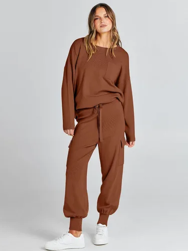 Miniatura 2 de Caracilia Conjunto de dos piezas para mujer, suéter de punto de manga larga y pantalones deportivos tipo cargo