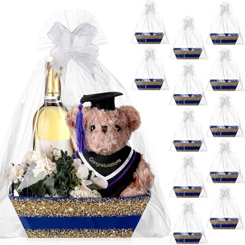 Thenshop 44 Piezas Canasta para Regalos Canasta de Regalo Vacía a Granel Incluye 12 Bandejas de Cartón 12 Bolsas de Plástico y 20 Lazos Decorativos
