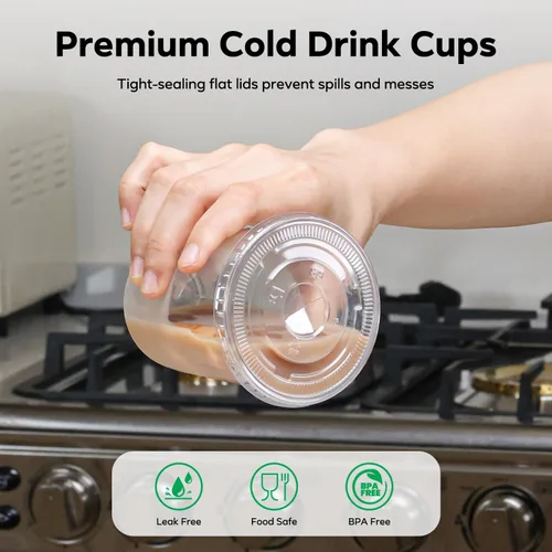 Miniatura 5 de 100 piezas de 12 onzas. Vasos desechables de plástico con tapas planas y popotes transparentes, vasos de fondo redondo para llevar café helado