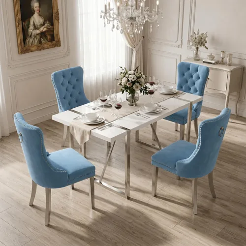 Miniatura 14 de Juego de mesa de comedor negra para 4, parte superior negra brillante de 55 pulgadas con patas de metal dorado, juego de mesa de comedor moderno