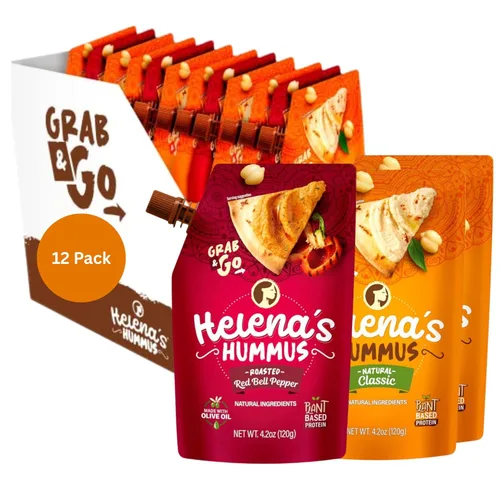 Helena Hummus (paquete de 12), apto para almacenamiento en estante, sin conservantes añadidos, 8 hummus clásico natural de 4.23 oz y 4 hummus de