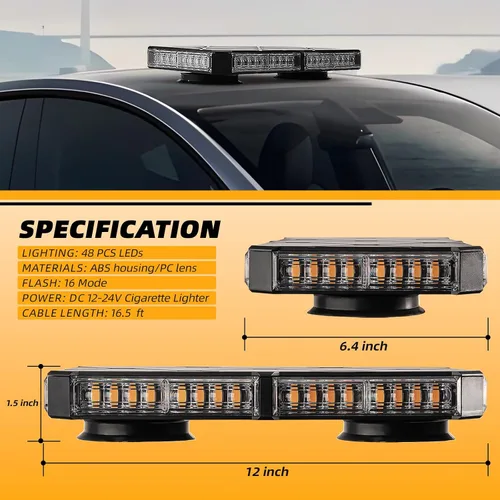 Miniatura 8 de Luces Estroboscópicas Magnéticas Ámbar de Techo para Camiones, Luz de Advertencia de Emergencia y Precaución para Vehículos y Automóviles