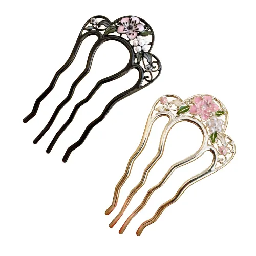 Paquete de 2 horquillas con patrón de flores en forma de U para moños, palillos creativos de 4 puntas, dientes de metal, pinzas de horquilla,