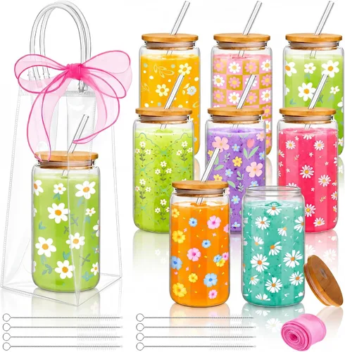Miniatura 9 de Mumufy 6 Juegos de Tazas de Vidrio Florales Bohemias con Bolsa de Regalo Transparente de 16 onzas, Tazas de Café Helado Reutilizables con Flores