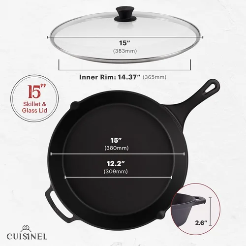 Miniatura 4 de Cuisinel Sartén de hierro fundido de 15" + tapa de vidrio + raspador de sartén negro + cubierta de agarre de mango de silicona - Utensilios