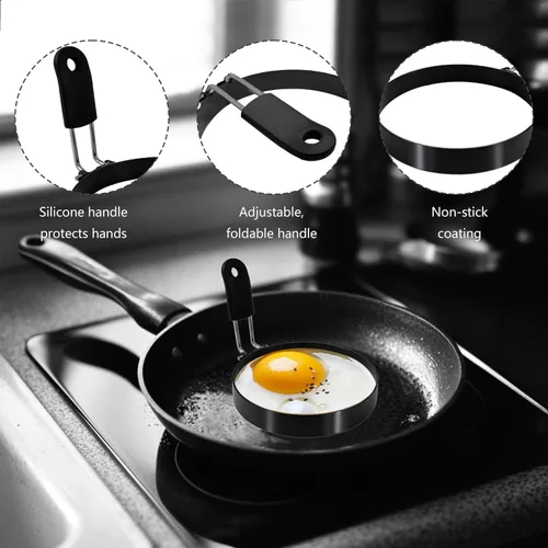 Miniatura 3 de Juego de 2 anillos de huevo de 3.5 pulgadas con mango de silicona, anillos de cocina de huevos de acero inoxidable, antiadherentes, para freír