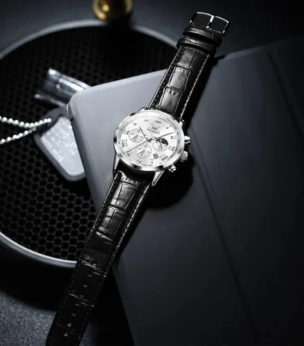 Miniatura 2 de OLEVS Reloj para hombre cuero marrón moda cronógrafo reloj luminoso impermeable casual relojes de pulsera
