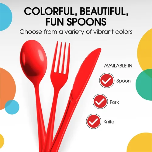 Miniatura 8 de Exquisite Cucharas de plástico rojas, 50 piezas, cucharas rojas, utensilios desechables, juego de cubiertos de plástico resistente, juegos de Rojo