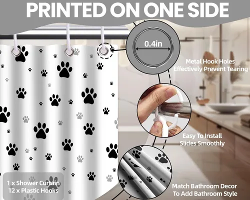 Miniatura 6 de Cortina de ducha con estampado de patas, perro y gato, decoración divertida de baño para niños, tela impermeable con ganchos