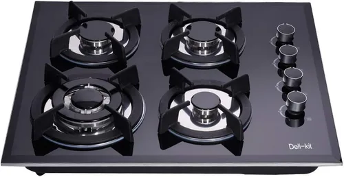 Deli-kit® Placa de cocina de gas de 24 pulgadas Doble combustible sellado 4 quemadores Placa de cocina de gas de vidrio templado DK145-A01S Cocina
