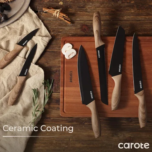 Miniatura 11 de CAROTE Juego de 12 piezas de cuchillos de cocina, juego de cuchillos de cocina de acero inoxidable con revestimiento cerámico antiadherente apto