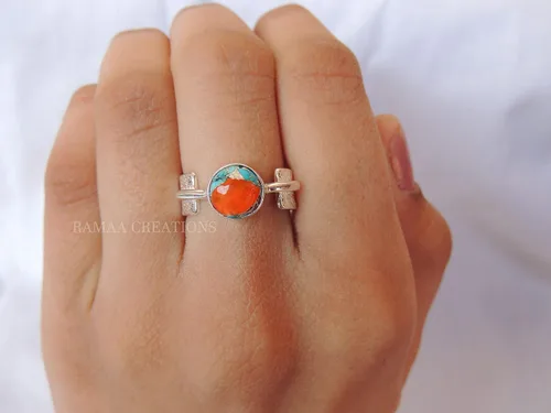 Miniatura 7 de Spiny Oyster Copper Turquoise Ring Handmade Round Turquoise Silver Ring Statement Handmade Jewelry Sterling Silver 925