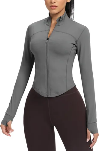 Miniatura 92 de AVGO Chaquetas de entrenamiento recortadas para mujer, con cremallera, ajustadas, atléticas, con agujeros para el pulgar
