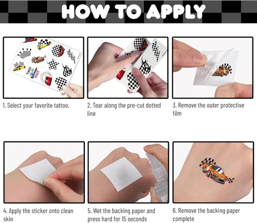 Miniatura 5 de 96 tatuajes temporales de bandera a cuadros para niños, recuerdos de fiesta de autos de carreras y decoraciones de cumpleaños, calcomanías falsas