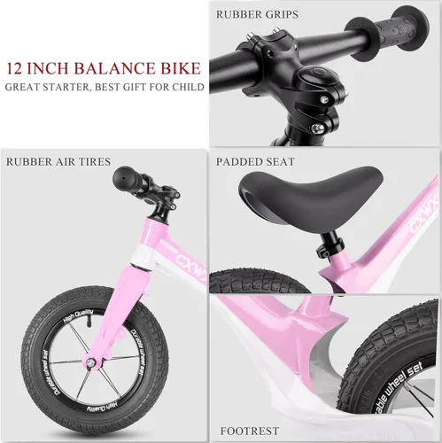 Miniatura 5 de CXWXC Bicicleta de equilibrio de 12 pulgadas para niños de 24 meses a 5 años, bicicleta de equilibrio para niños con reposapiés, bicicleta de Rosa