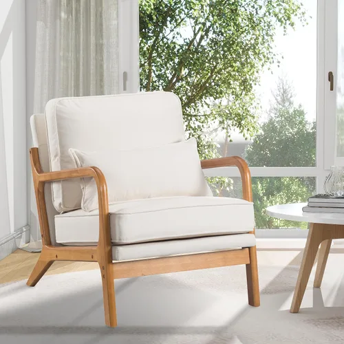 Miniatura 9 de Silla decorativa con cojín, moderno sillón tapizado de mediados de siglo, sofá de lectura individual, respaldo alto con tela de lino + marco