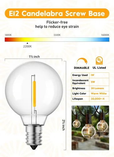 Miniatura 4 de Brightown Bombillas LED de repuesto G40, bombilla de plástico de globo inastillable de 1 W para base de tornillo de candelabro E12 o C7, bombillas