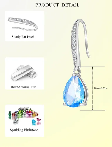 Miniatura 6 de JIWOY Women's Solitaire Earrings Sterling Silver Pear Shaped Brilliant Cut Birthstone Jewelry