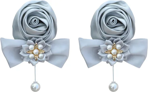 Miniatura 17 de Boutonniere de rosas de satén, 2 piezas para boda, novio, padrino, padrino, mejor hombre, padre, alfiler de solapa, agujero de botón, flor