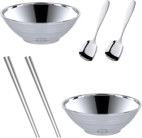 Juego de tazones de sopa de fideos japoneses para ramen, 2 juegos (8 pulgadas) plateados de doble capa de acero inoxidable 18/8 con palillos y