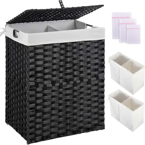 Miniatura 12 de Greenstell Cesta para la ropa sucia con 2 bolsas de forro extraíbles – Cesta de ropa dividida de 90 L, cesta de lavandería plegable de ratán Gris