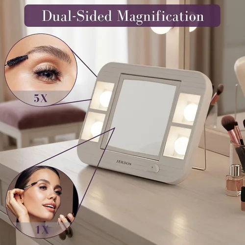 Miniatura 3 de JERDON Espejo de maquillaje de dos caras con luces, espejo de tocador con aumento 5X e iluminación sin reflejos de dos ajustes, base blanca