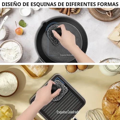 Miniatura 2 de Esponja de limpieza de hierro fundido con raspador de sartenes, esponja de cadena 316, esponja de malla de cadena mejorada, limpiador de hierro Negro
