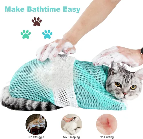 Miniatura 4 de Juego de 8 bolsas de baño para gatos con bolsa de red de ducha para gatos, cepillo ajustable para aseo de mascotas, cortaúñas, lima de uñas, peines