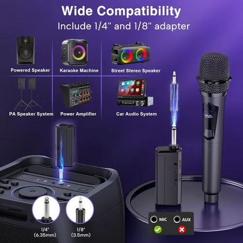 Miniatura 5 de Micrófono inalámbrico, sistema profesional de micrófono dinámico inalámbrico de mano dual con receptor recargable, Plug & Play, compatible