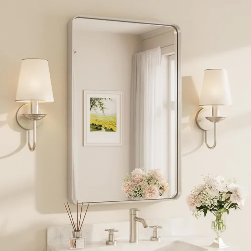 Miniatura 112 de TETOTE Espejo de marco dorado cepillado de 16 x 24 pulgadas, espejo de tocador de baño de latón dorado para pared, espejo enmarcado rectangular