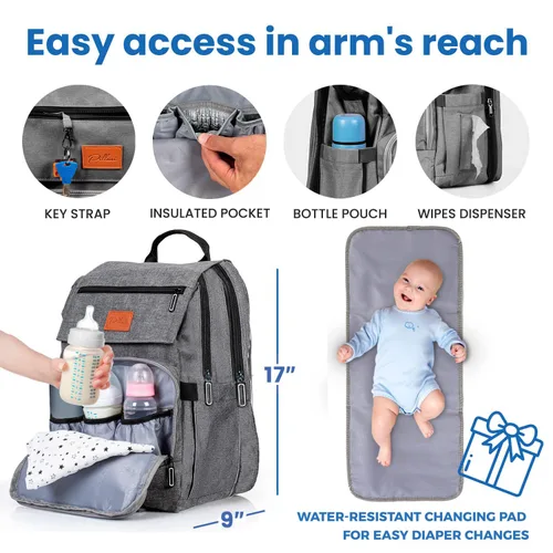 Miniatura 4 de PILLANI - Mochila grande para llevar pañales de bebé, para viajar, cambiador incluido, producto esencial para recién nacidos, artículos para mamá