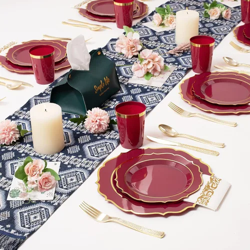 Miniatura 5 de Platos desechables burdeos - 50 platos de plástico granate, juego de vajilla de plástico rojo, 25 vasos de 10 onzas, 75 cubiertos dorados, 25 Borgoña