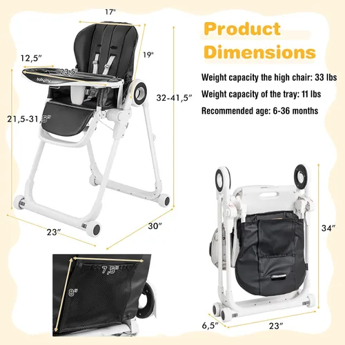 Miniatura 7 de BABY JOY Silla alta para bebés y niños pequeños, silla alta plegable con respaldo/reposapiés/altura del asiento, bandejas extraíbles dobles, cojín