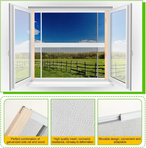 Miniatura 3 de Hicarer 4 piezas de pantalla de ventana extensible ajustable deslizante de malla con rieles chapados en zinc y extremos de madera barnizada