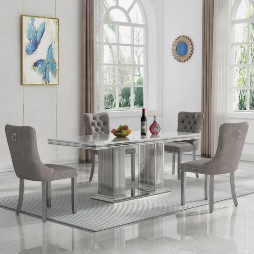 Miniatura 54 de HomVent Juego de mesa de comedor moderna de mármol sintético para 4 personas, mesa de cocina rectangular con 4 sillas beige (dorado)