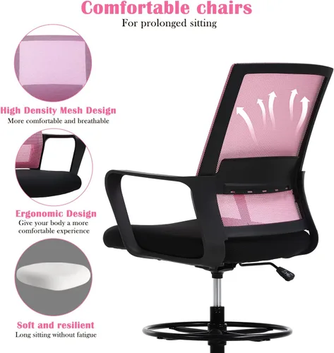 Miniatura 5 de Silla de redacción alta para escritorio de oficina, respaldo medio, altura de barra ajustable, silla de oficina con soporte lumbar y anillo