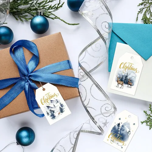 Miniatura 7 de 120 etiquetas de regalo de papel de Navidad, acuarela azul, árbol de Navidad, alce, etiquetas colgantes con cuerdas de cáñamo, 4 diseños, etiquetas