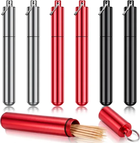 Tanlade 6 piezas portátil para palillos de dientes, bolsillo hermético, tubo de almacenamiento de metal de aluminio, impermeable, bolsillo para