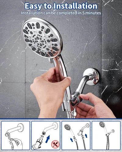 Miniatura 5 de Cabezal de ducha de mano de alta presión con 7 ajustes de pulverización, manguera de acero inoxidable de 59 pulgadas y montaje ajustable para Cromo