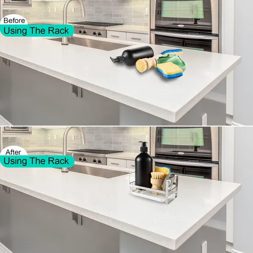 Miniatura 6 de TEZZ Soporte para esponjas de cocina, organizador de fregadero de acero inoxidable para guardar esponjas, cepillos y dispensador de jabón para Plata