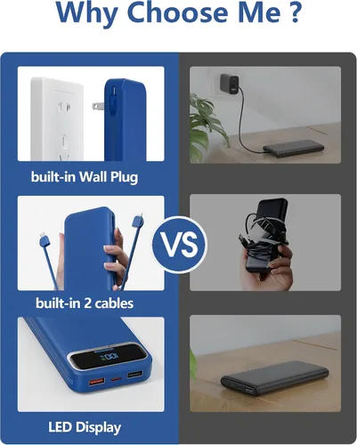 Miniatura 3 de Cargador portátil ligero de 12000 mAh con cables integrados y enchufe de pared de CA, batería de carga rápida PD20W USB-C, pantalla LED, cargador