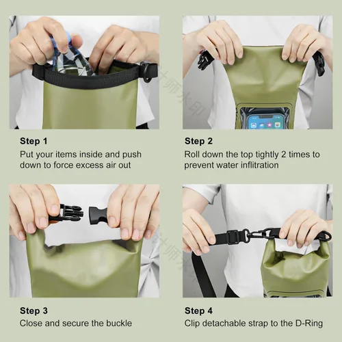 Miniatura 3 de Bolsa seca impermeable de 2 litros, funda enrollable para teléfono de playa, bolsa seca ligera para natación, kayak, campamento, pesca, viajes, Verde