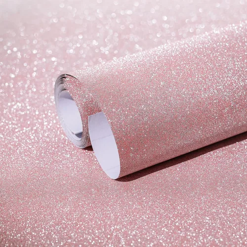 Amiya Papel adhesivo de vinilo con purpurina rosa de 17.3 x 120 pulgadas, autoadhesivo, para pegar y despegar, papel tapiz decorativo brillante para