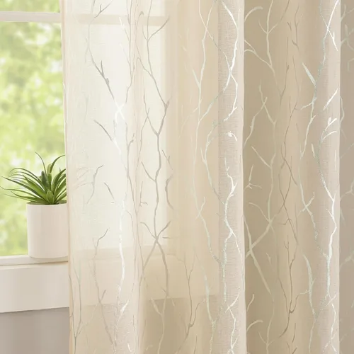 Miniatura 10 de Kotile Cortinas traslúcidas de rama de árbol – Cortinas traslúcidas grises con estampado de rama de árbol en lámina dorada metálica de 63 pulgadas