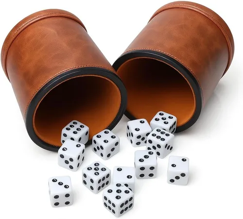Juego de dados de piel sintética marrón, coctelera de dados forrada de fieltro con 6 dados para juego Liars Farkle Yahtzee, paquete de 2