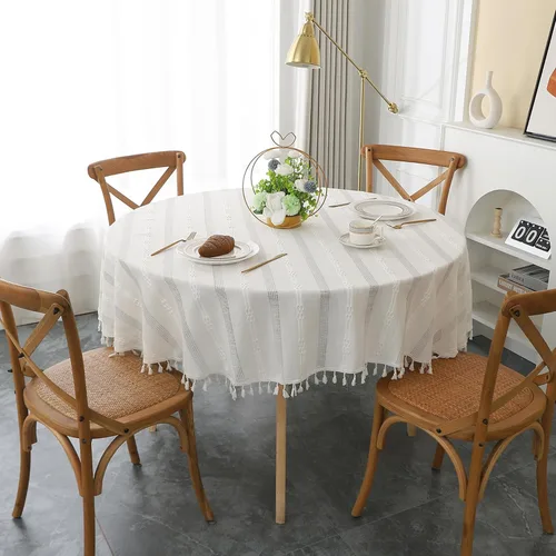 Miniatura 20 de Gernaice Mantel bordado de rayas rústicas y pequeñas con borlas cuadradas de algodón y lino, sin arrugas, lavable, para mesita de noche, café, Blanco